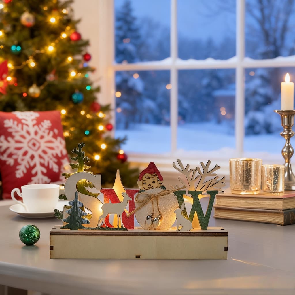 Little Red Riding Hood Wooden Snow Christmas Tabletop Decor - 1.96'' H X 10.23'' W X 5.9'' D