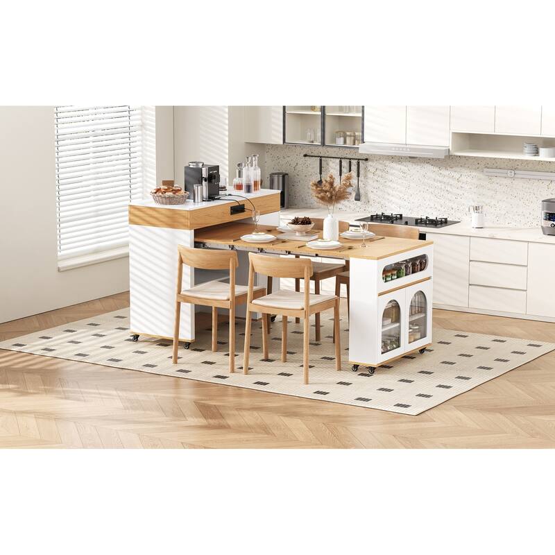 Rolling Kitchen Island with Extendable Table, Drawers, Power Outlet and Brake lock, Storage Cabinet