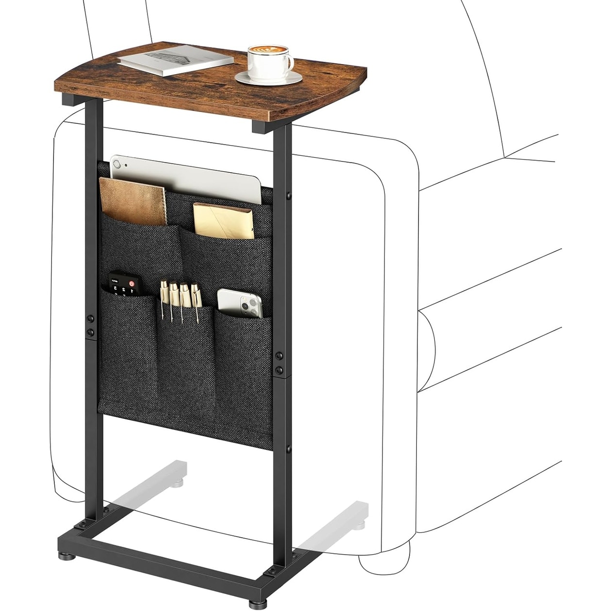 C Shaped End Table with Storage, 28.3" Tall Slide-Under Sofa Table, Rustic Brown & Black