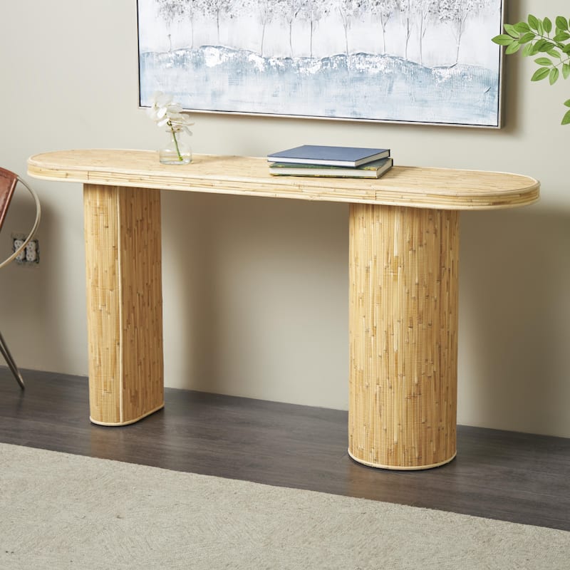 Rattan Handmade Textured Oval Console Table with Linear Wood Strip Design - Brown - Roche River Decor