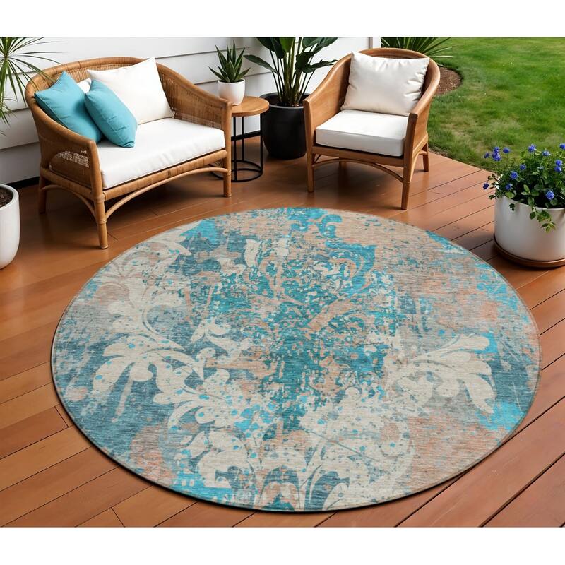 HomeRoots Damask Transitional Rectangle Outdoor Rug - 8' Round