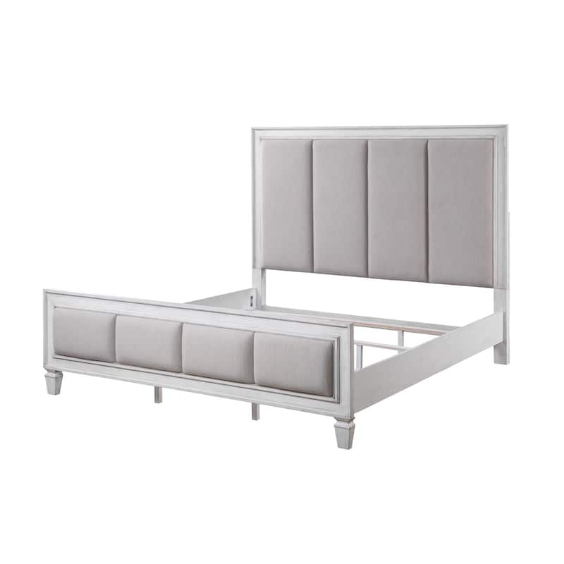 Linen Upholstered Bed in Light Gray and Weathered White - King
