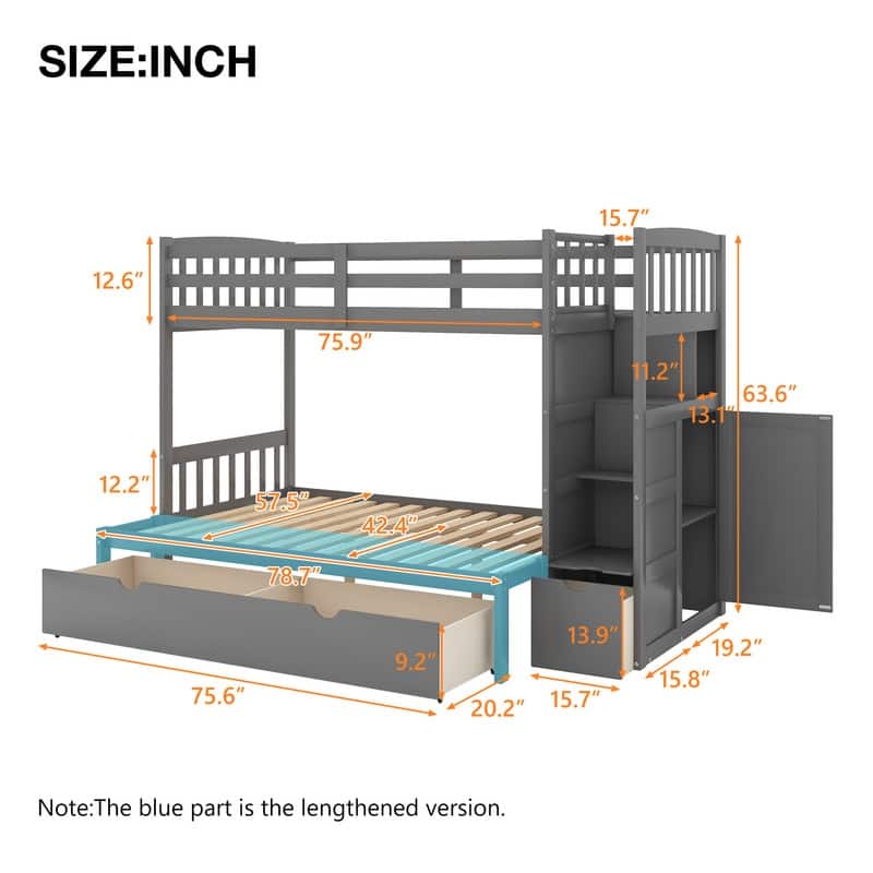 Twin Bunk Bed, Convertible Bottom Bed, Storage Shelves and Drawers