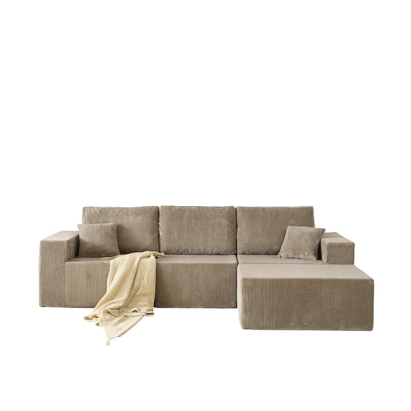 Corduroy Fabric 3 Seater Sectional Sofa with Ottoman Chaise Transforms Into Sleeper Sofa Bed, Modular Flexible Cloud Sofa Set