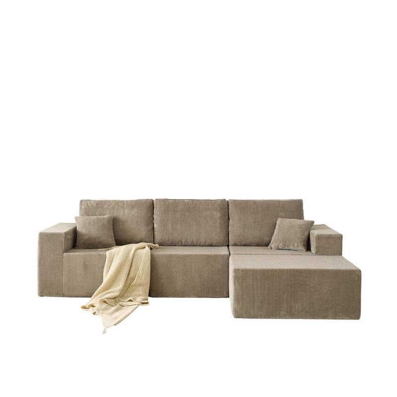 Modular L Shaped Sectional Sofa with Ottoman, Corduroy Boneless Cloud Sofa, 3 Seater Upholstered Sofa with 2 Pillows
