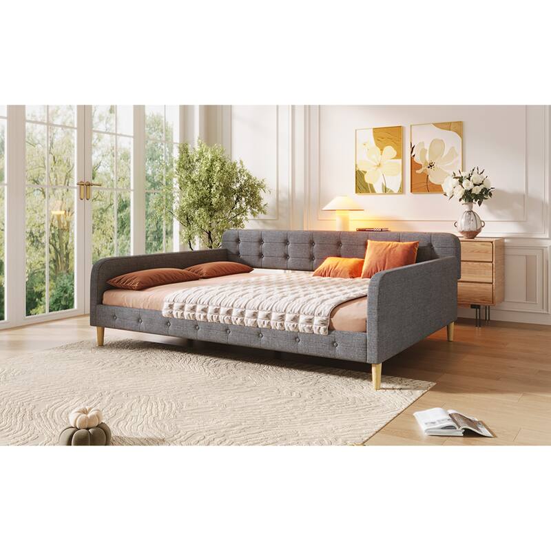 Roomfitters Queen Size Upholstered Daybed, Mid-Century Modern Sofa Bed Frame with Backrest and Tapered Wood Legs