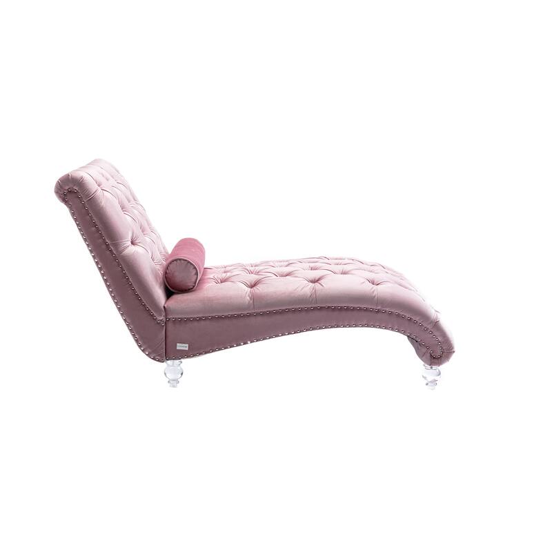 Velvet Tufted Chaise Lounge Chair Ergonomic S Shape Recliner with Pillow, Nailhead Trim and Acrylic Legs for Indoor Use