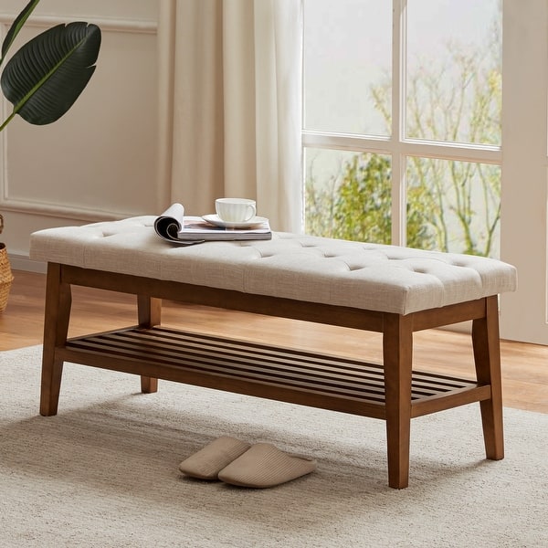 slide 2 of 16, Entryway Shoe Bench Storage Bench Fabric Solid Wood, 43-inch Upholstered Bench for Living Room, Bedrooms Beige