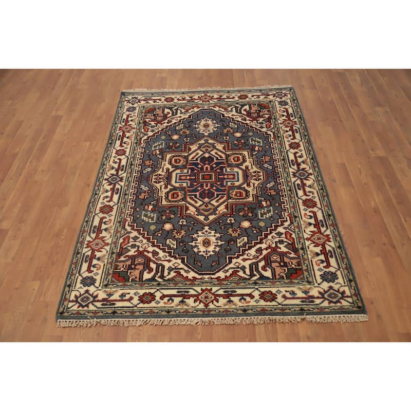 Hand Knotted Oriental 100% Wool Carpet Traditional Medallion Greys & Charcoal Heriz (serapi) Area Rug - 5' 9'' X 4' 1''