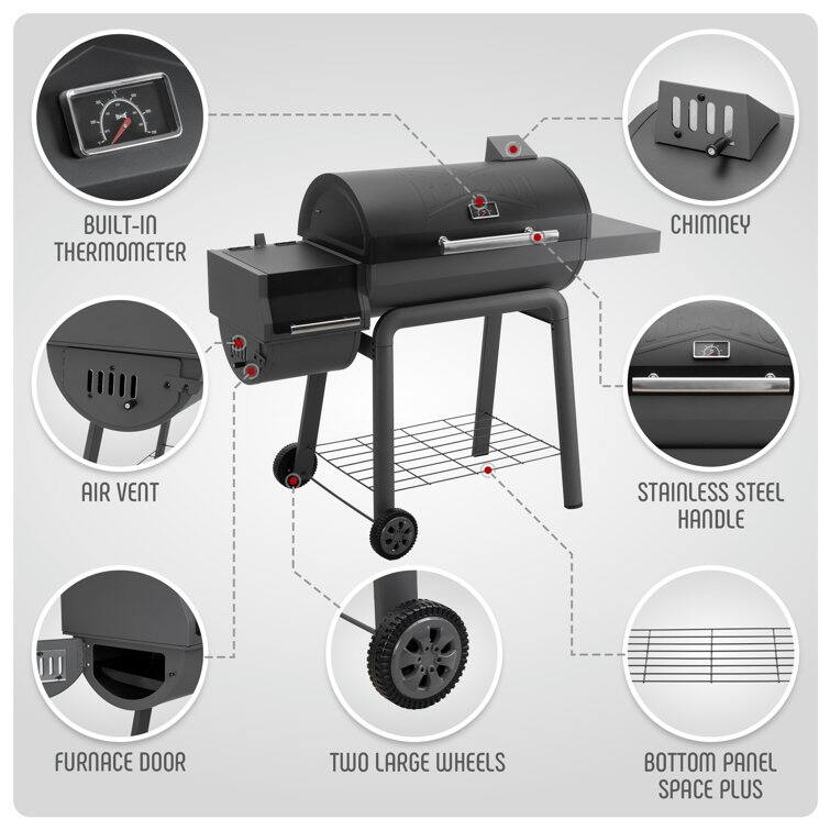 Feasto 28in Charcoal Barrel Grill With Offset Smoker Grill and Side Table