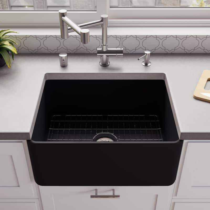 Black Matte Smooth Apron 24" x 18" Single Bowl Fireclay Farm Sink