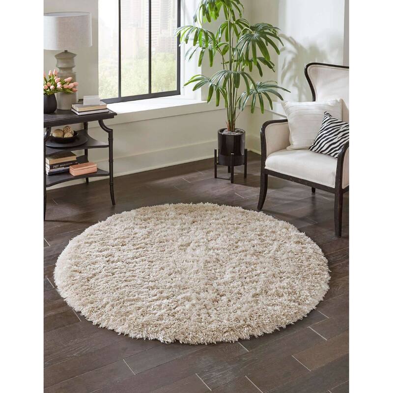 Shag Pling Collection Area Rug - 5'3" Round - Blonde