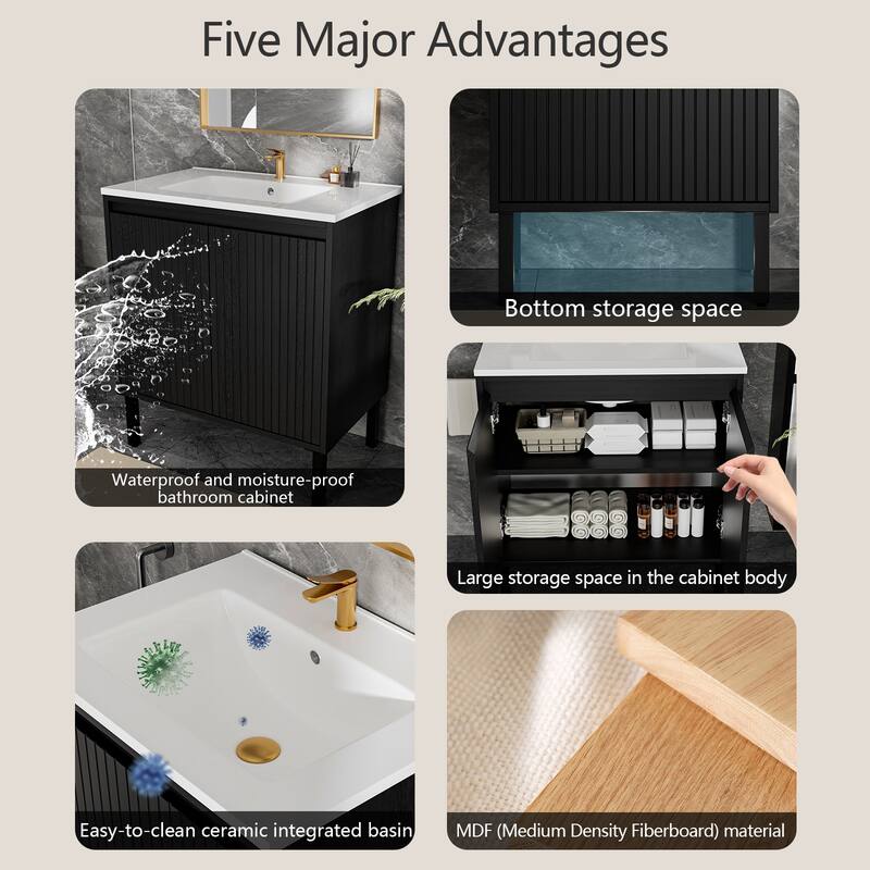 30 Inch Bathroom Vanity with Sink, Floor Standing Cabinet with Soft-Close Drawers and Modern Storage Design