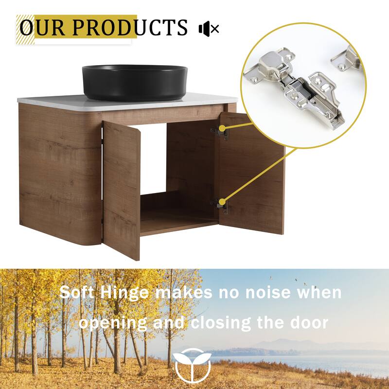 30'' Wall-Mounted Bathroom Vanity With Ceramic Art Sink & 2-Soft-Close Door, KD-Packing, Plywood