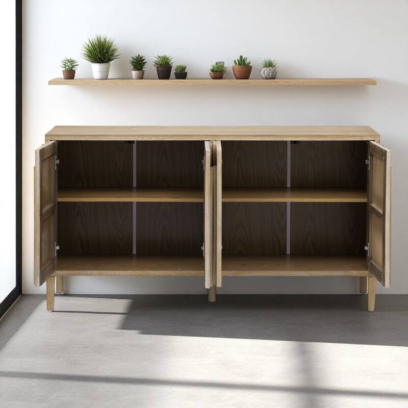 59.8" Wood Sideboard Buffet with Hidden Handles, Ash Veneer 4-Door Cabinet with Storage, Farmhouse Credenza