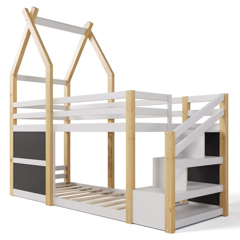 Twin Over Twin House Bunk Bed with Storage Staircase, Two Blackboards, and Pinewood Frame for Kids' Rooms