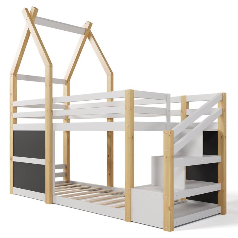 Twin over Twin House Bunk Bed with White Storage Staircase and 2 Blackboards