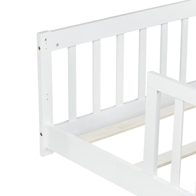 Roomfitters Twin Rubber Wood Floor Bed with Fence, Safety Guardrails, Low Profile Platform Design