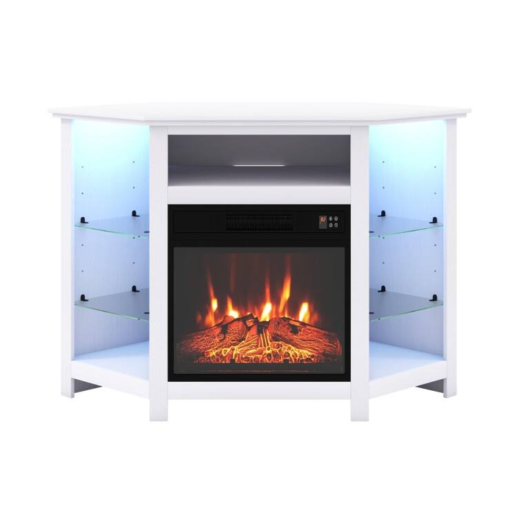 Electric Fireplace Corner TV Stand with LED Lights and Adjustable Glass Shelves - 45" x 22" x 30"