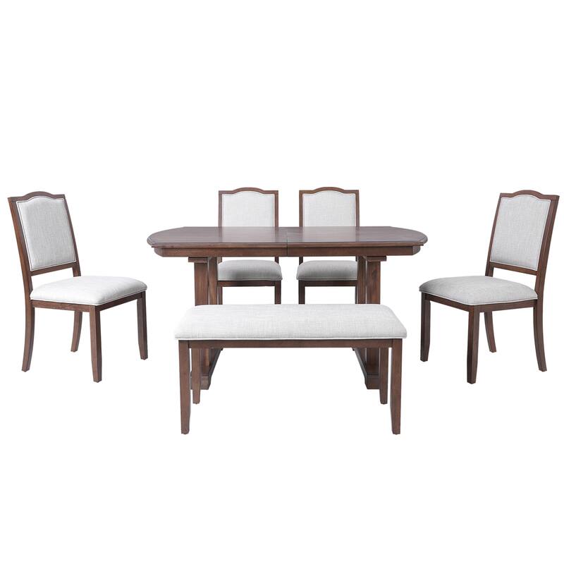 Classic 6-Piece Extendable Dining Table Set Includes 4 Dining Chairs and Bench for Family Gatherings