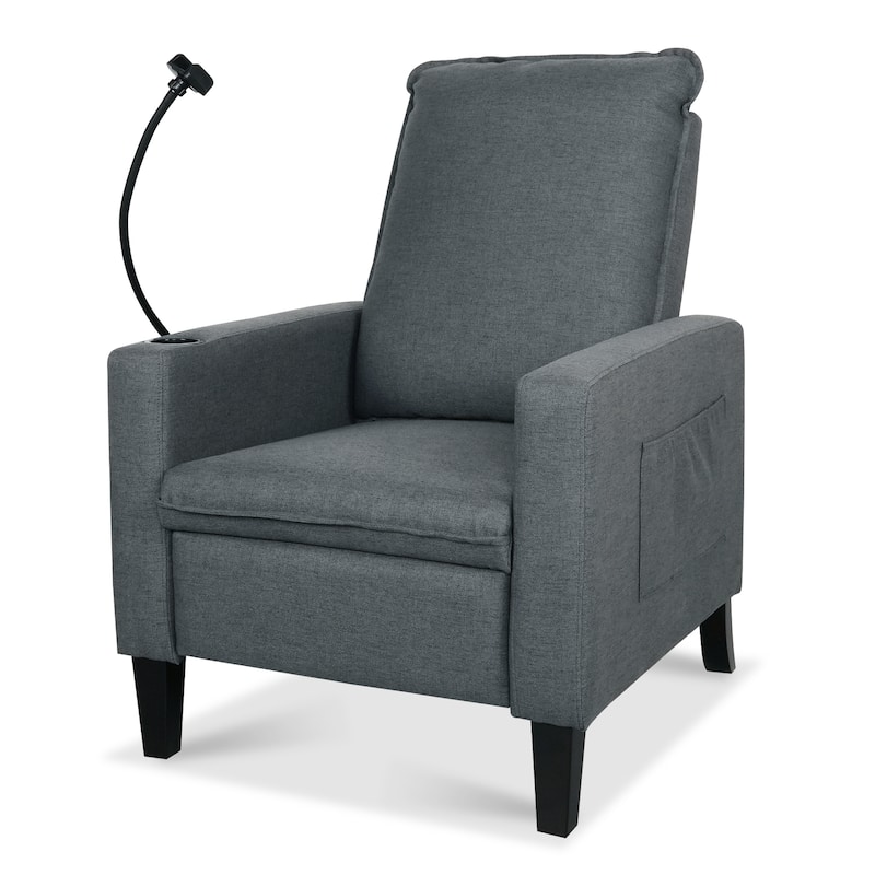 Grey Modern Fabric Manual Adjustable Recliner Chair with Mobile Phone Holder, Cup Holder, and Footrest