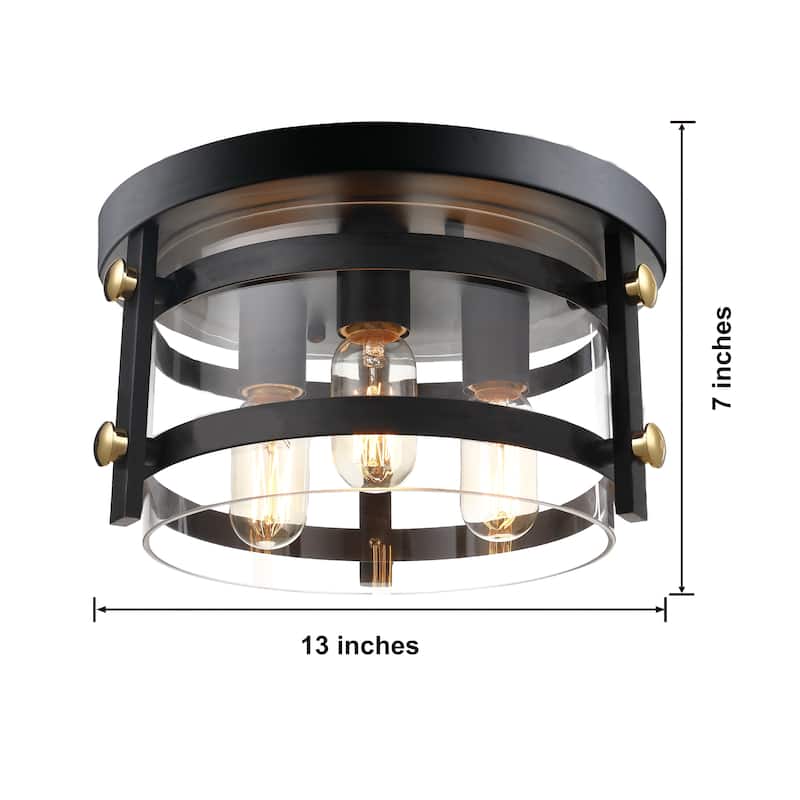 Teresa Metal and Clear Glass 13" W 3-light Black Flush Mount