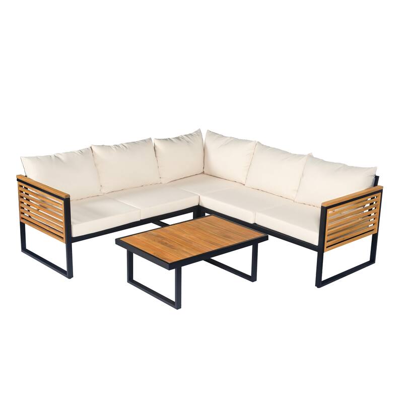 Outdoor Sectional Sofa Set with Ottoman and Coffee Table, L-shape Recliner Couch with Chaise Lounge, Acacia Wood Sofa Set