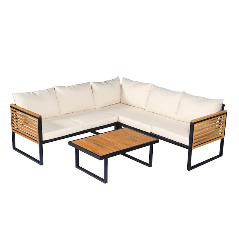 Roomfitters Outdoor 4-piece Acacia Wood and Metal Patio Sofa Set, Beige,Teak+ Black