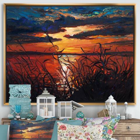 Designart 'Romantic Sunset By Lakeside' Farmhouse Framed Canvas Wall Art Print