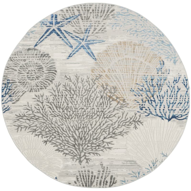 Nourison Pompeii Coastal Beach Shells and Coral Area Rug - 5'3" x Round - Ivory/Grey/Blue