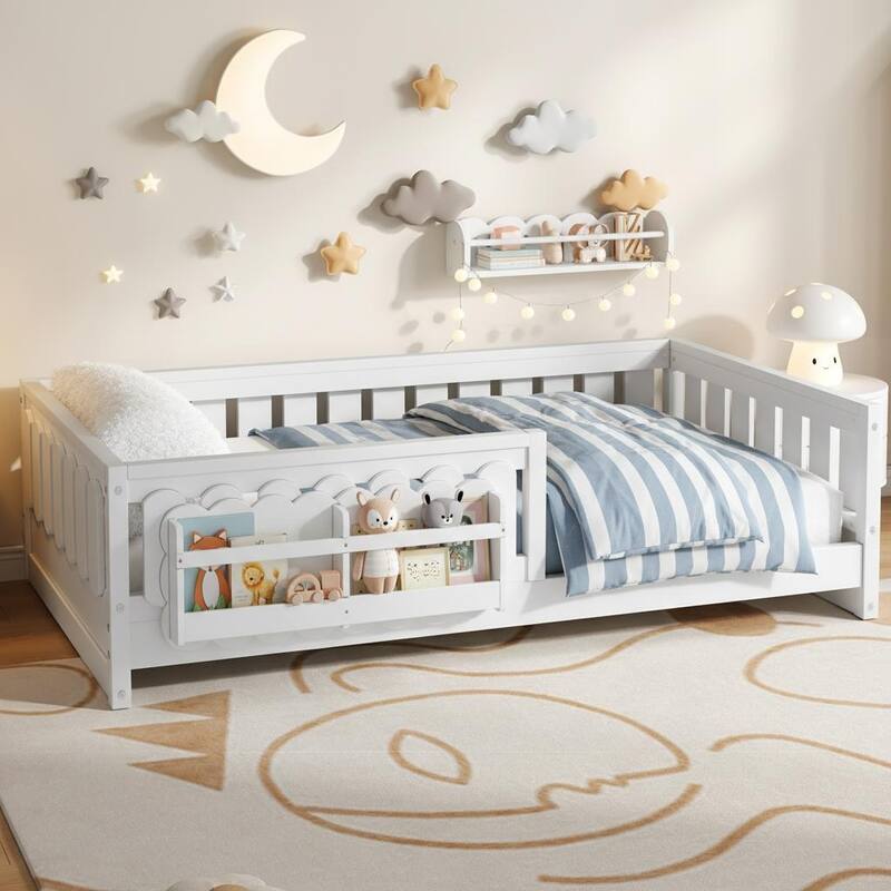 Wood Platform Bed with Guardrails and Built-In Bookshelves by Harper&Bright Designs