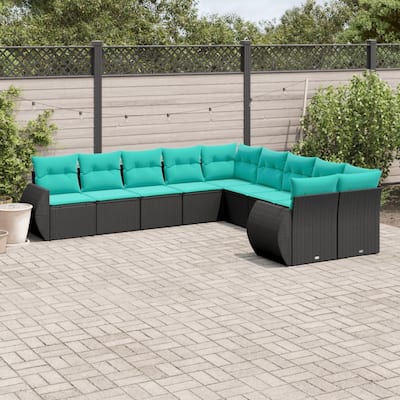 vidaXL 10 Piece Patio Sofa Set with Cushions Black Poly Rattan