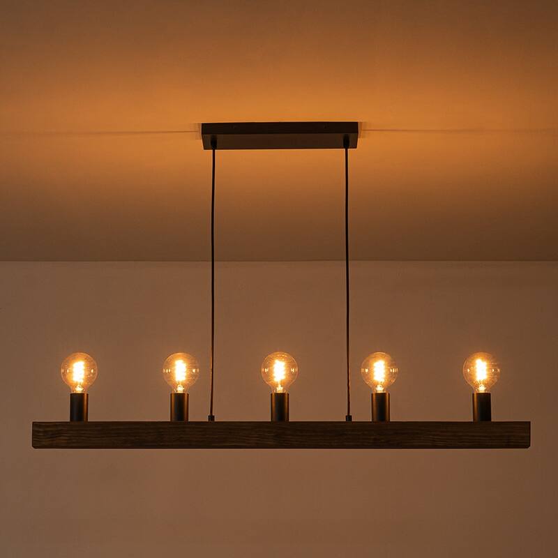 Rustic 5-Light Wood Beam Linear Chandelier - Matte Black & Brown Wood