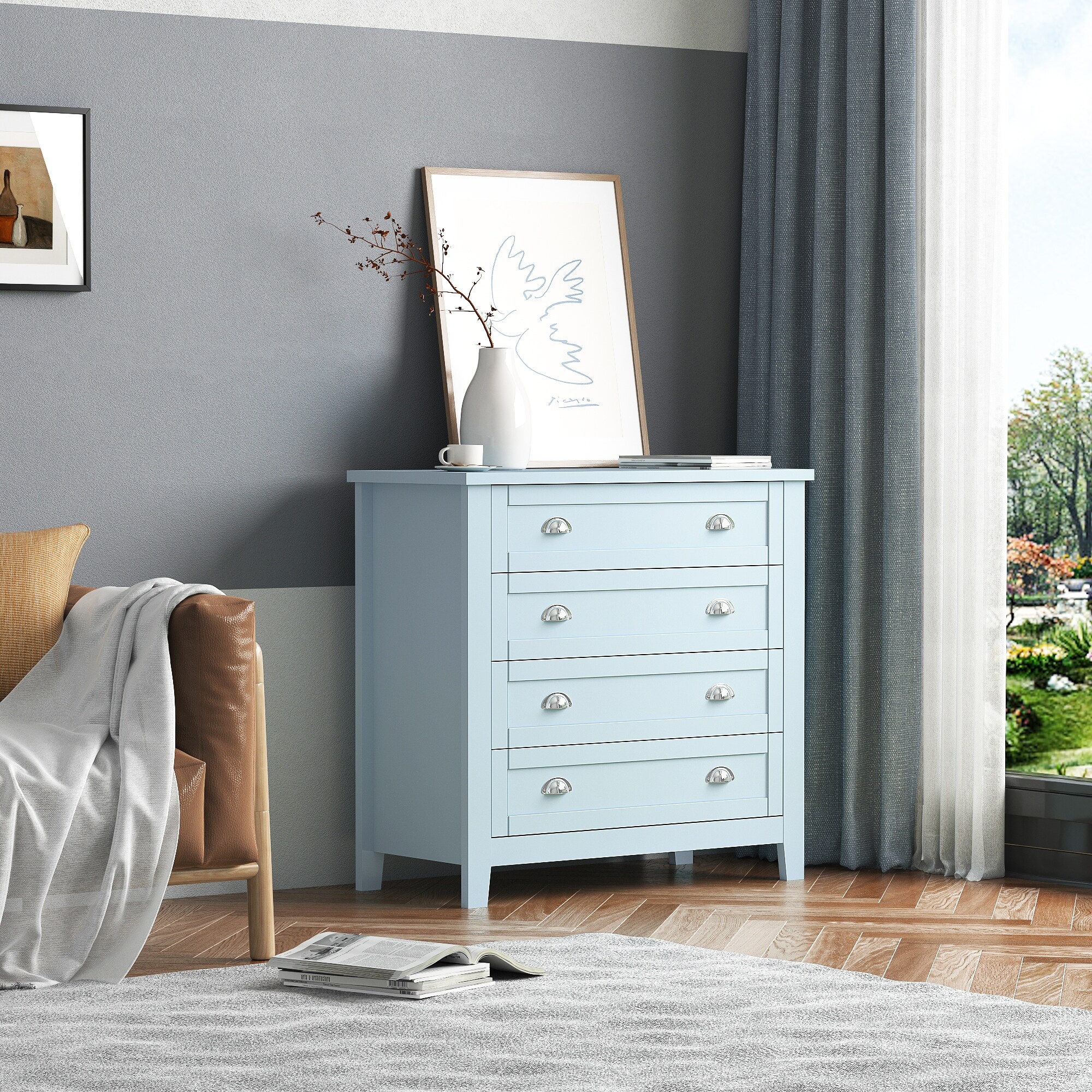 Wooden Dresser for Bedroom, 4 Drawer Dresser and Storage Cabinet with Retro  Shell Handle, Blue-Gray - Bed Bath & Beyond - 39651439