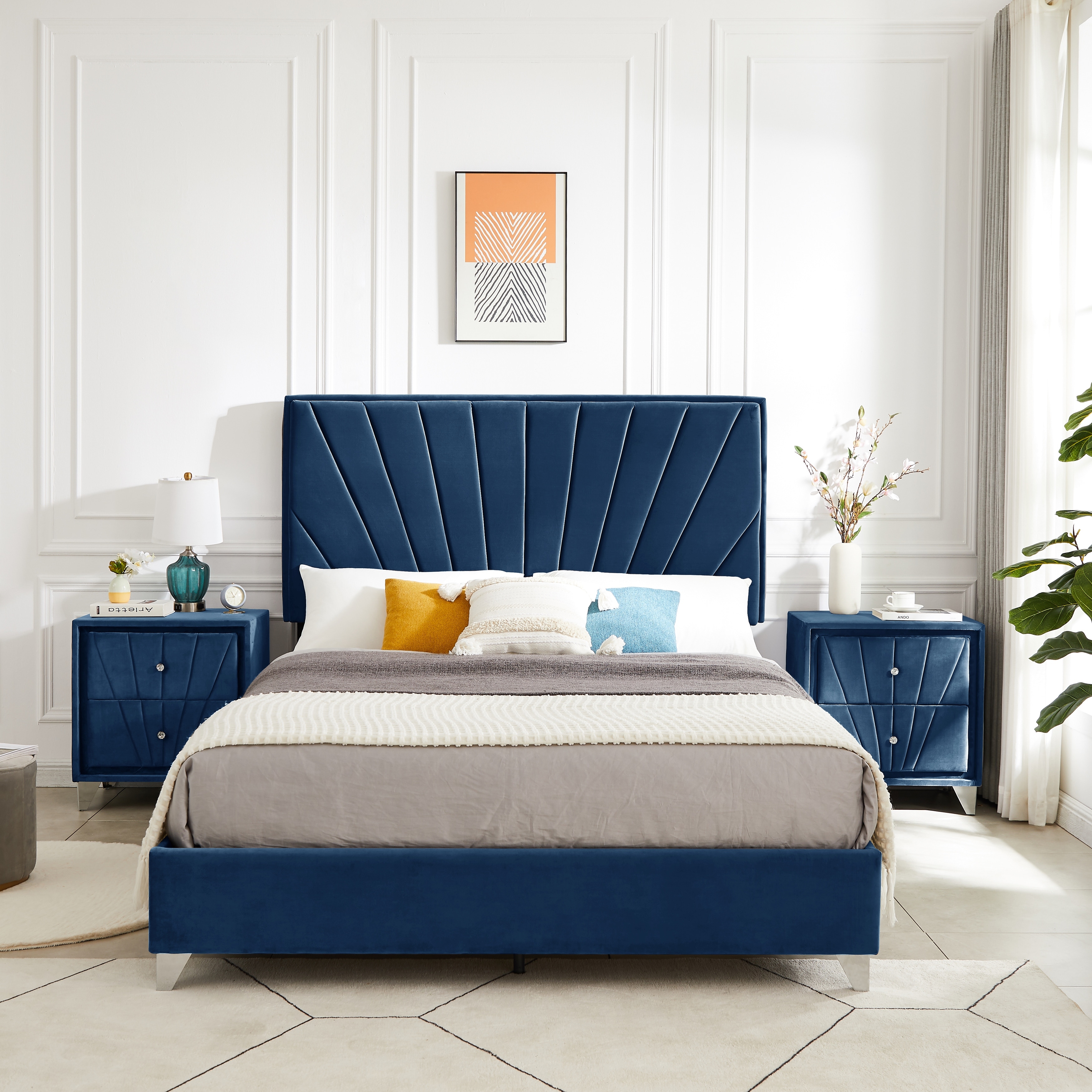 Queen Bed with 2 Nightstands Velvet Upholstered Headboard Sturdy Wood Frame Wood Slat Support No Box Spring Needed