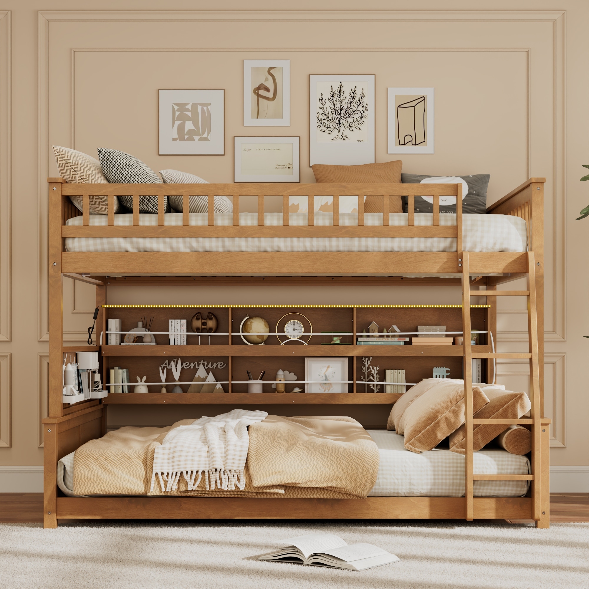 Wood Bunk Bed with Color-Changing Lights and Pegboard