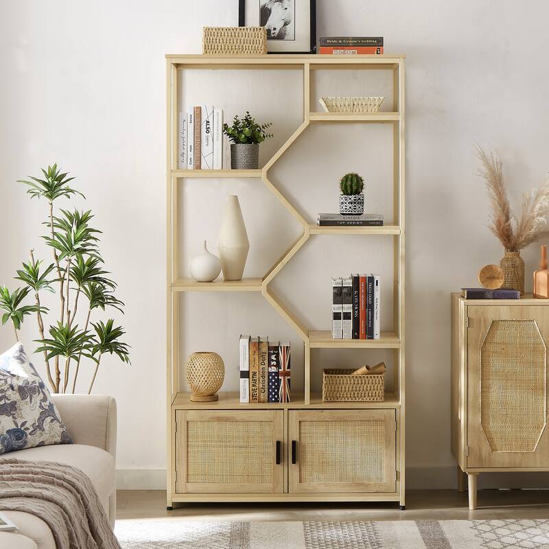 Anmytek 7-Tier Bohemian Rattan Storage Bookcase with Cabinet - Natural
