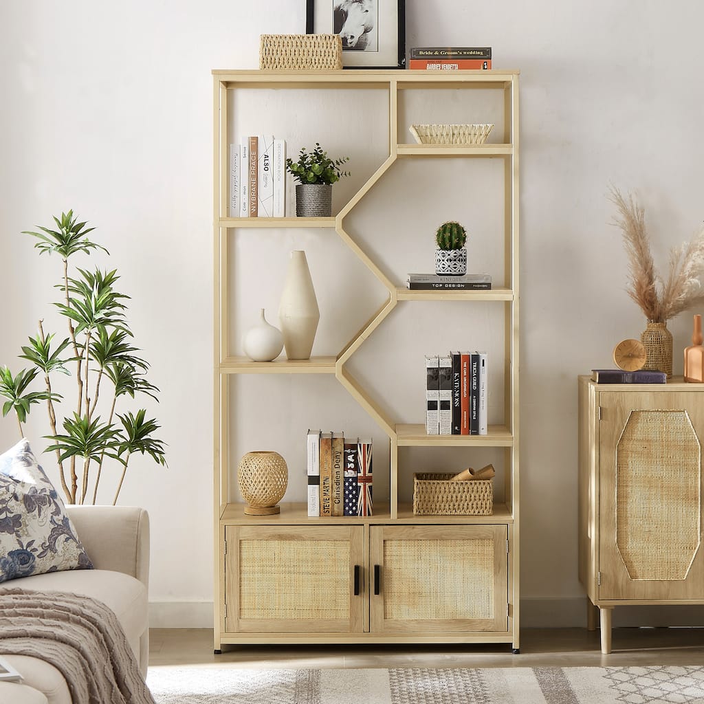Rattan bookshelf 7 tiers Bookcases Storage Rack with cabinet for Living Room Home Office