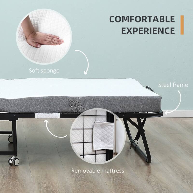 HOMCOM Folding Bed with 4 Inch Mattress, Portable Foldable Guest Bed with Sturdy Metal Frame on Wheels