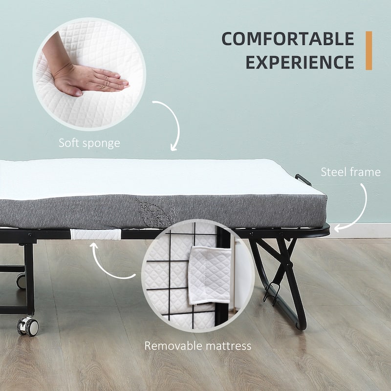 Rollaway Bed, Folding Bed with Mattress, Portable Foldable Guest Bed
