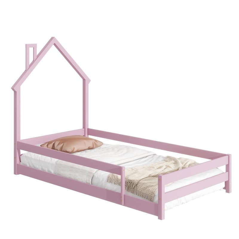 Twin Size Wood Bed Frame with House-shaped Headboard Floor bed with Fences