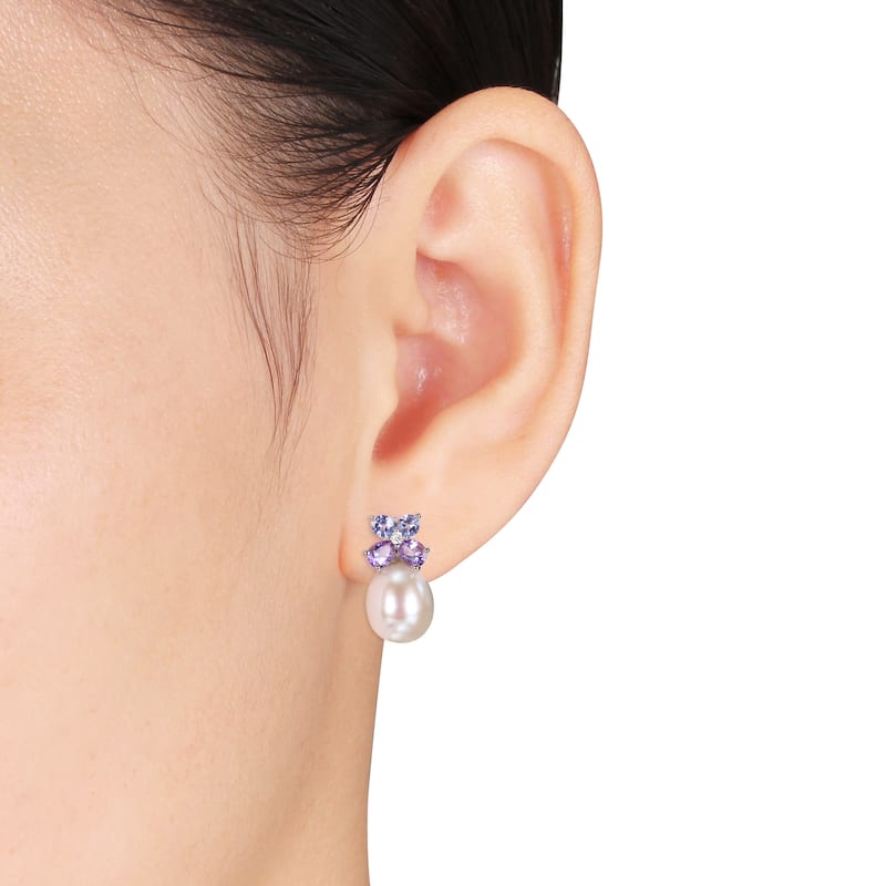 Miadora Sterling Silver Cultured FW Pearl Tanzanite Amethyst and Diamond Butterfly Jewelry Set (8-9 MM)