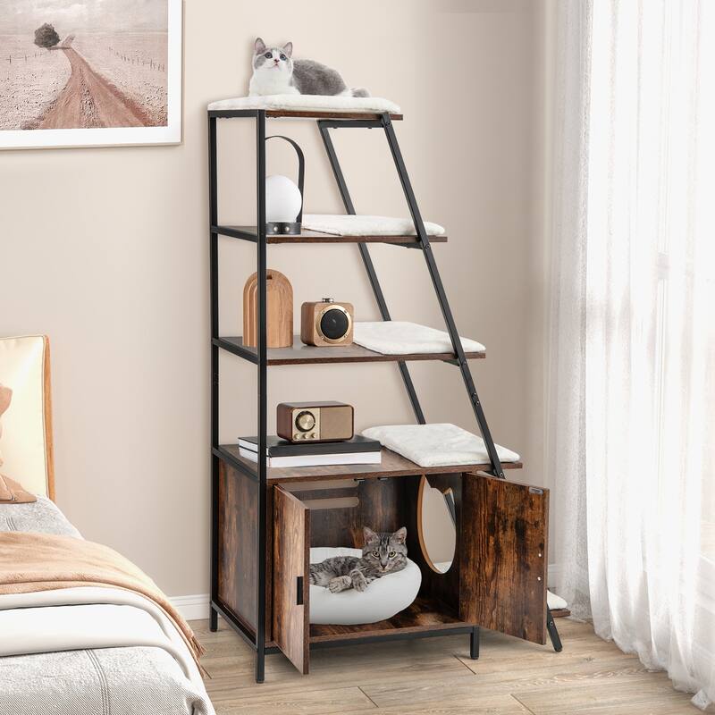 Stylish Large Cat Litter Box Enclosure with Storage and Ladder Shelf for Organization