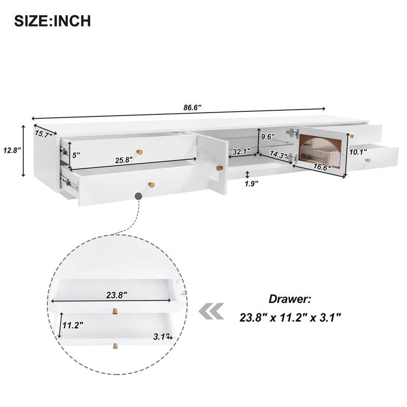 Luxurious TV Stand with Fluted Glass Doors & 4 Drawer, Wood Media Console with Multiple Storage Options & Tempered Glass Shelf