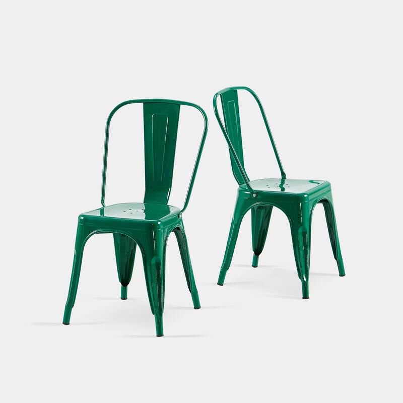 2-Piece Stackable Industrial Dining Chair Set - High Gloss Green, 18 Inch Seat Height