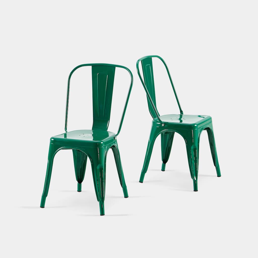 2-Piece Stackable Industrial Dining Chair Set - High Gloss Green, 18 Inch Seat Height