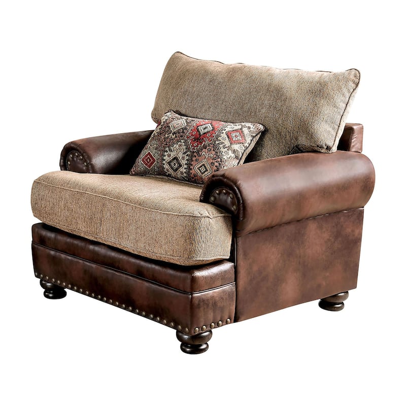 Dhirendra Traditional Brown Faux Leather and Chenille Nailhead Rolled Arm Armchair by Furniture of America