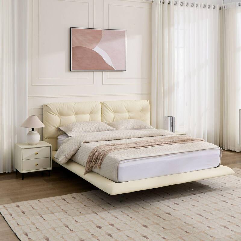 Queen Size LED Upholstered Platform Bed with Button-Tufted Headboard, Easy Assembly, No Box Spring Needed, White
