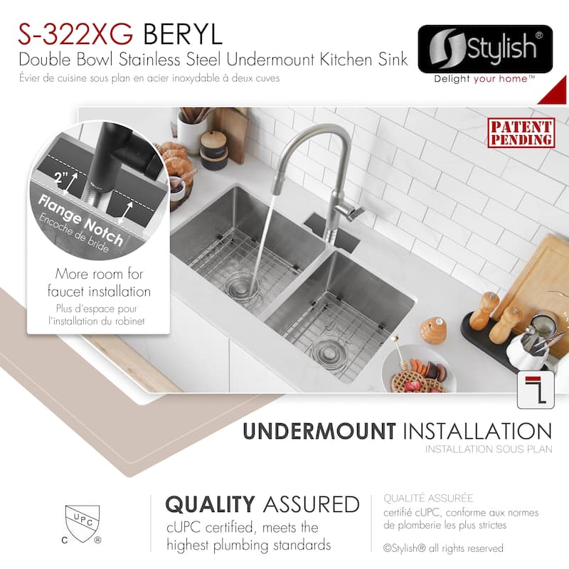 Undermount 33" Stainless Steel Double Bowl Kitchen Sink Handmade - 33" x 18" x 10"