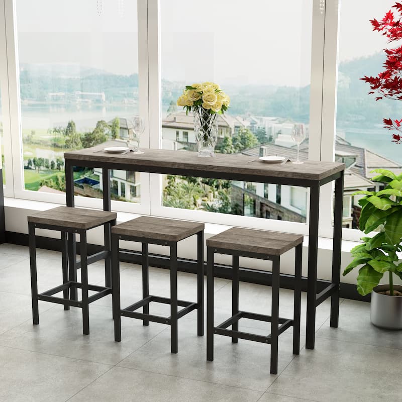 Long Dining Table Set with 3 Stools Pub Kitchen Set Side Table with Footrest - Brown Grey